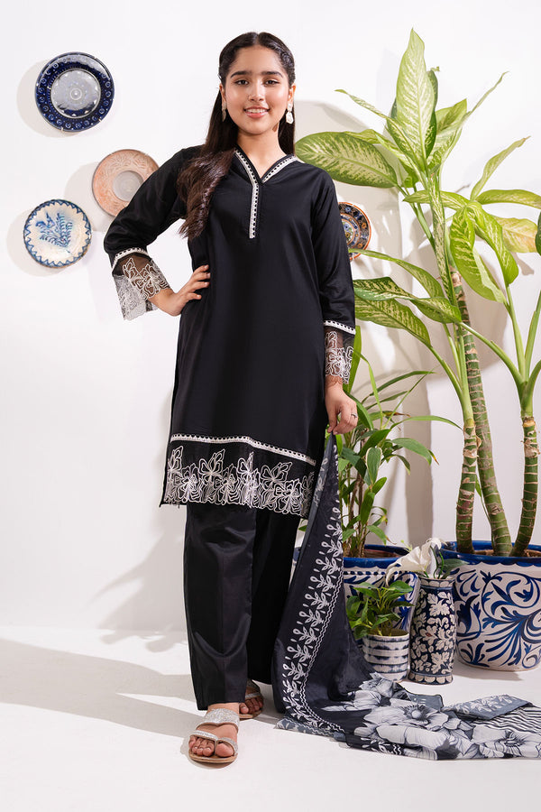 Chic black cotton 3 pc suits for girls – stylish monochrome designs perfect for parties, Eid & special occasions. 