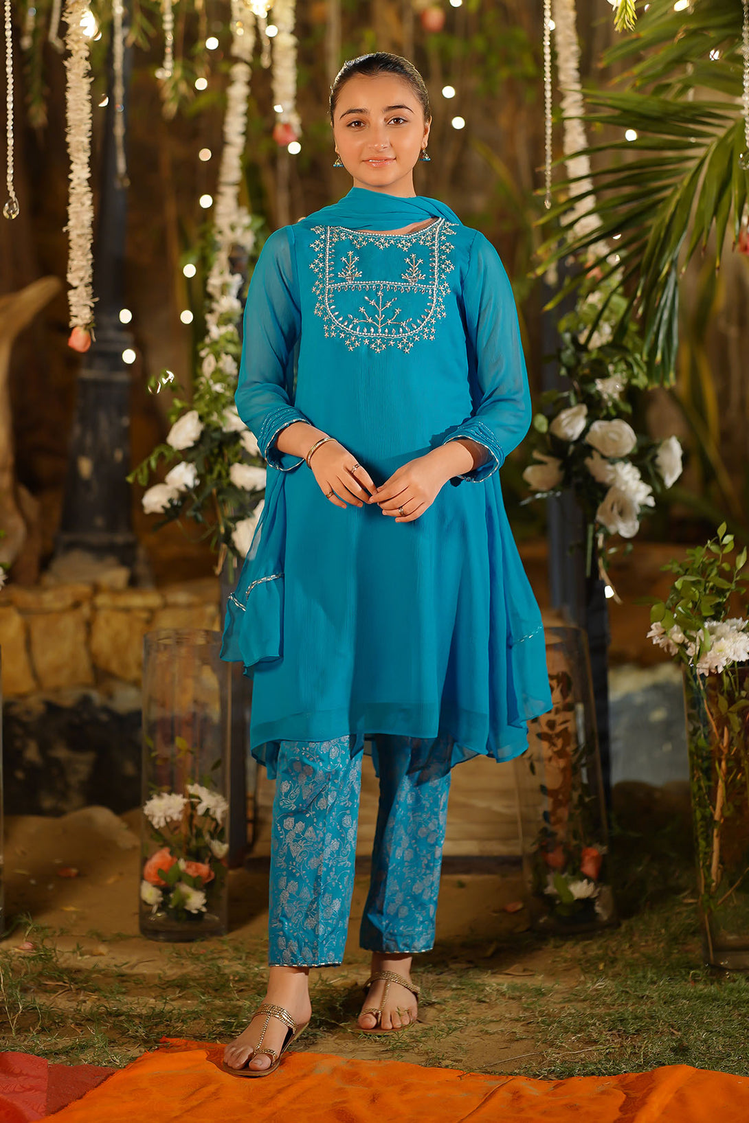 Chiffon Hand Adda Work 3 Pc Suit - Wear Ochre
