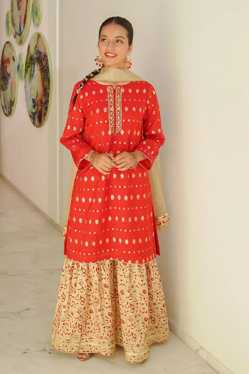 Best Zari Jacquard Hand Adda Work 3 Pc Suit - Wear Ochre -