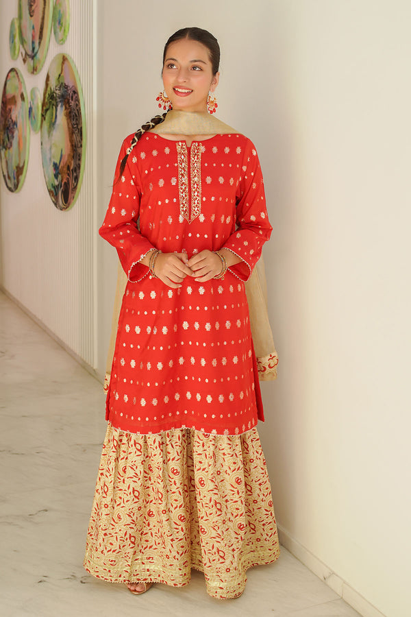 Zari Jacquard Hand Adda Work 3 Pc Suit - Wear Ochre