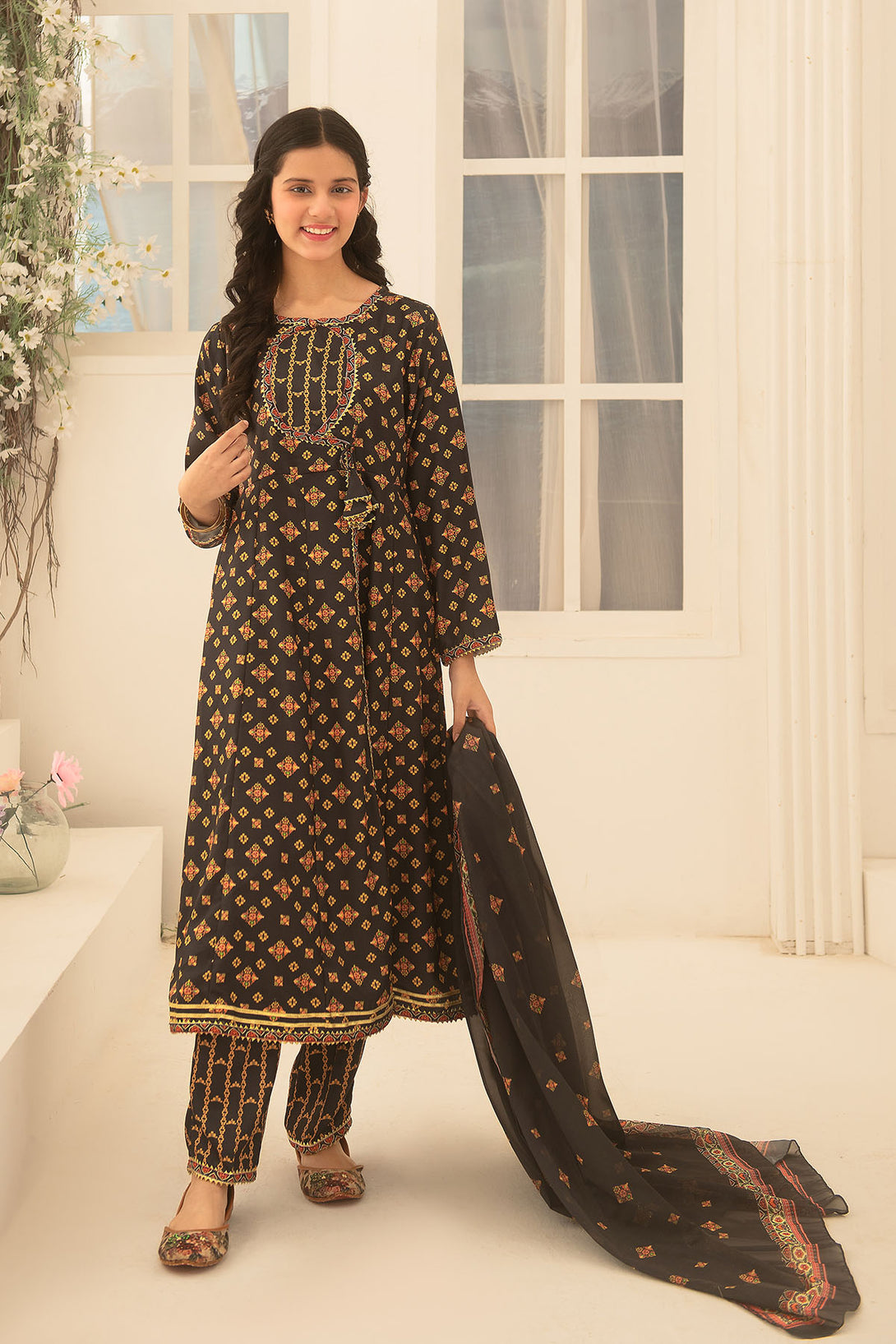 Herringbone Digital Printed 3 Pc Suit - Wear Ochre