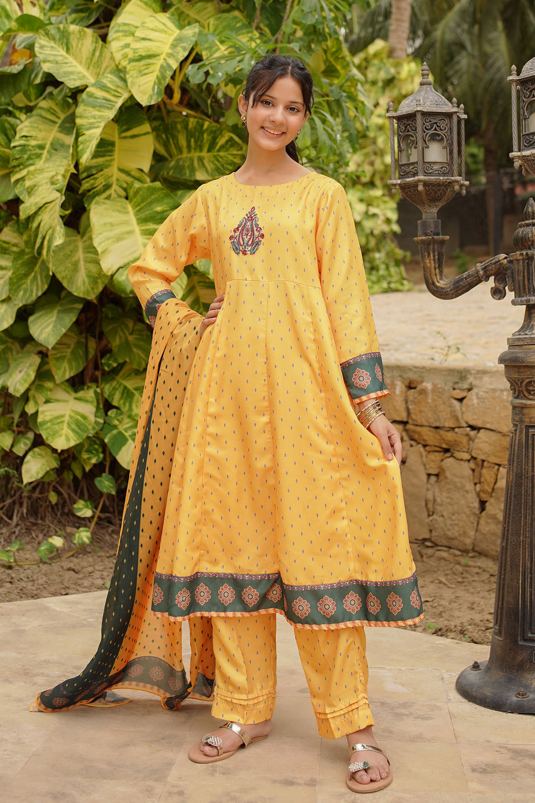 Herringbone Digital Printed 3 Pc Suit - Wear Ochre