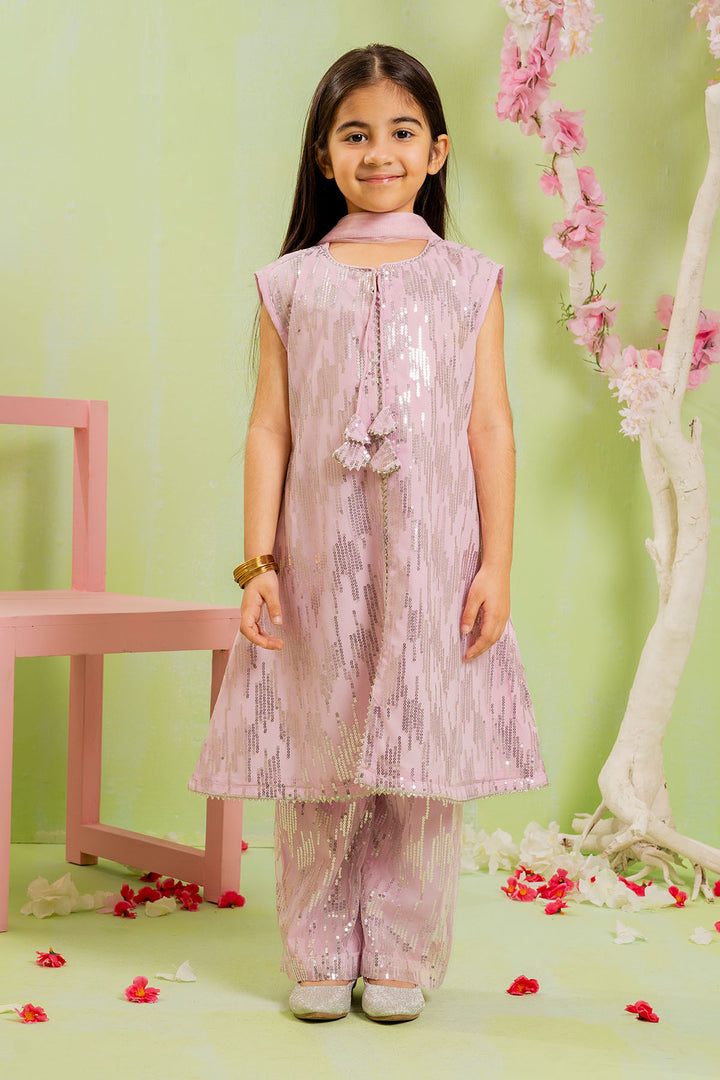 Shop Sequence Embroidered Net 3 Pc Suit for girls—stylish, elegant, and comfy fancy dress for kids. 