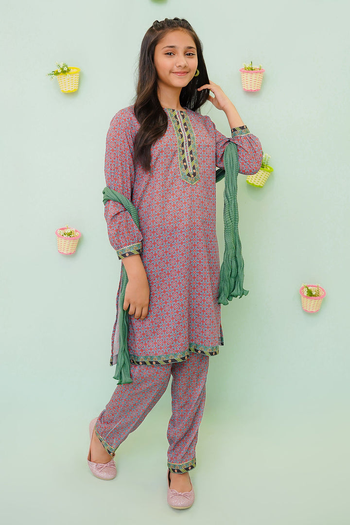 Poly Cotton Printed 3 Pc Suit - Wear Ochre