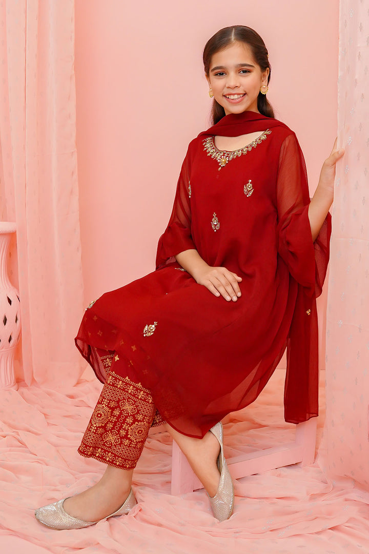 Chiffon Hand Adda Work 3 Pc Suit - Wear Ochre