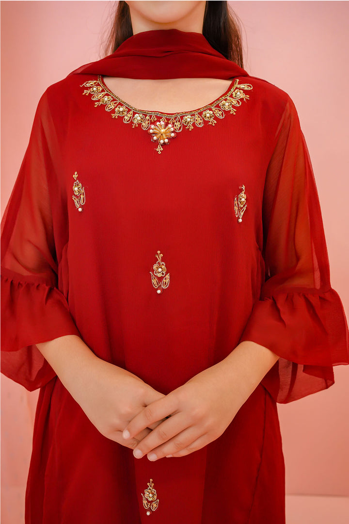 Chiffon Hand Adda Work 3 Pc Suit - Wear Ochre