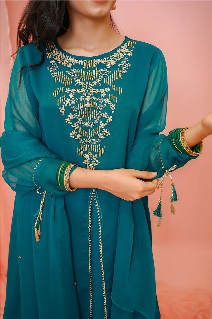 Chiffon Hand Adda Work 3 Pc Suit - Wear Ochre