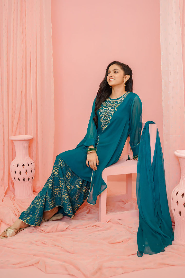 Chiffon Hand Adda Work 3 Pc Suit - Wear Ochre