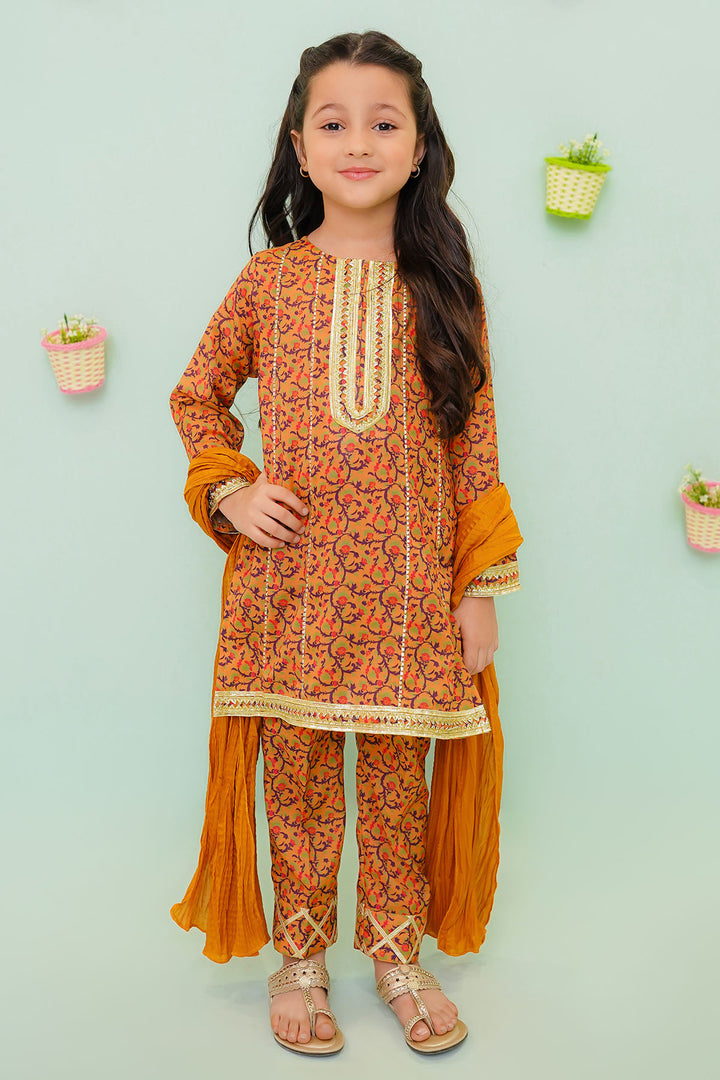 Poly Cotton Printed 3 Pc Suit - Wear Ochre