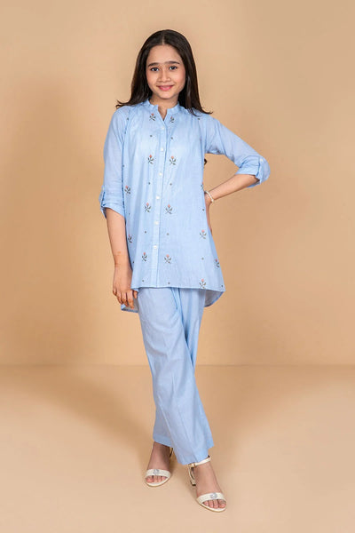 Chambray Cotton Embroidered 2 Pc Suit