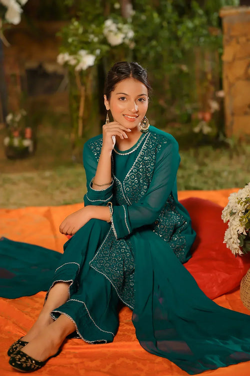 Best Chiffon Embroidered 3 Pc Suit - Wear Ochre -