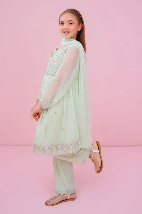 Mint green embroidered kids kurta set with matching pants and dupatta, perfect for festive occasions.