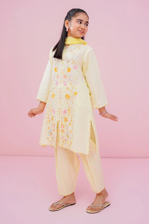 Girl wearing yellow embroidered kurta set with floral design, perfect for kids' fashion