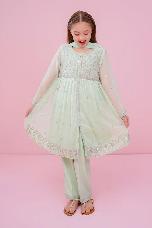 Mint green embroidered kids anarkali suit with matching pants and dupatta, perfect for festive occasions.