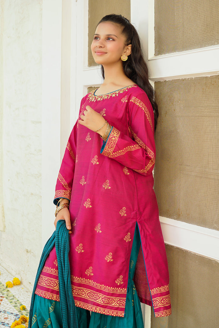 Cotton Silk Hand Printed 3 Pc Suit - Wear Ochre