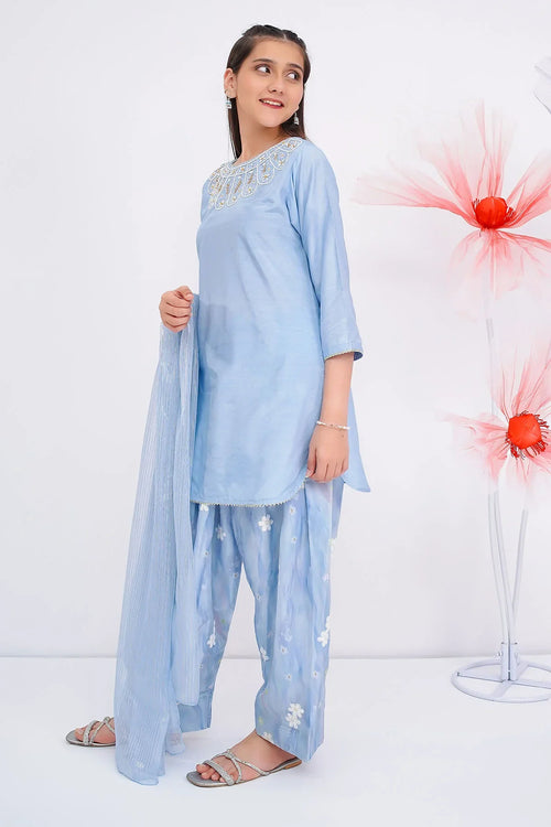 Light blue embroidered girls' kurta set with floral pants and dupatta, stylish for everyday wear