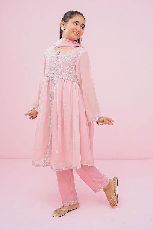 Pink embroidered kids kurti set with matching pants and dupatta, perfect for festive occasions