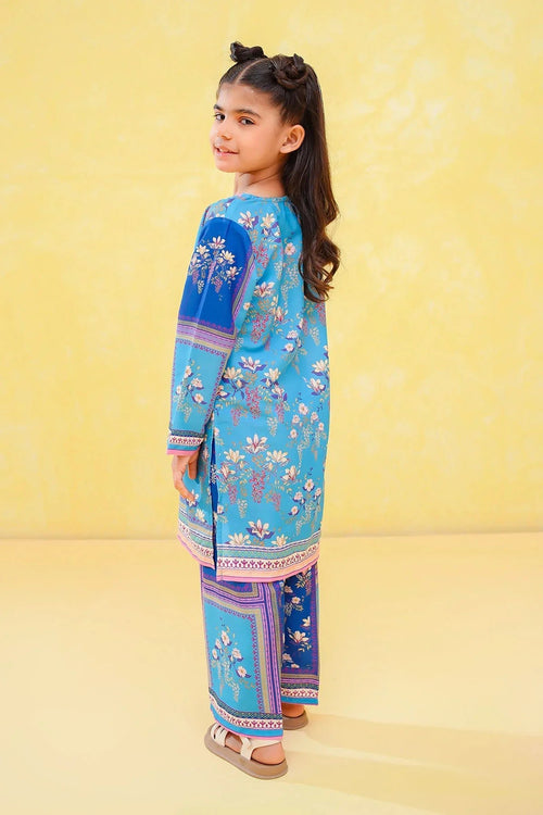Girl in blue floral print kids outfit, trendy Pakistani fashion for girls