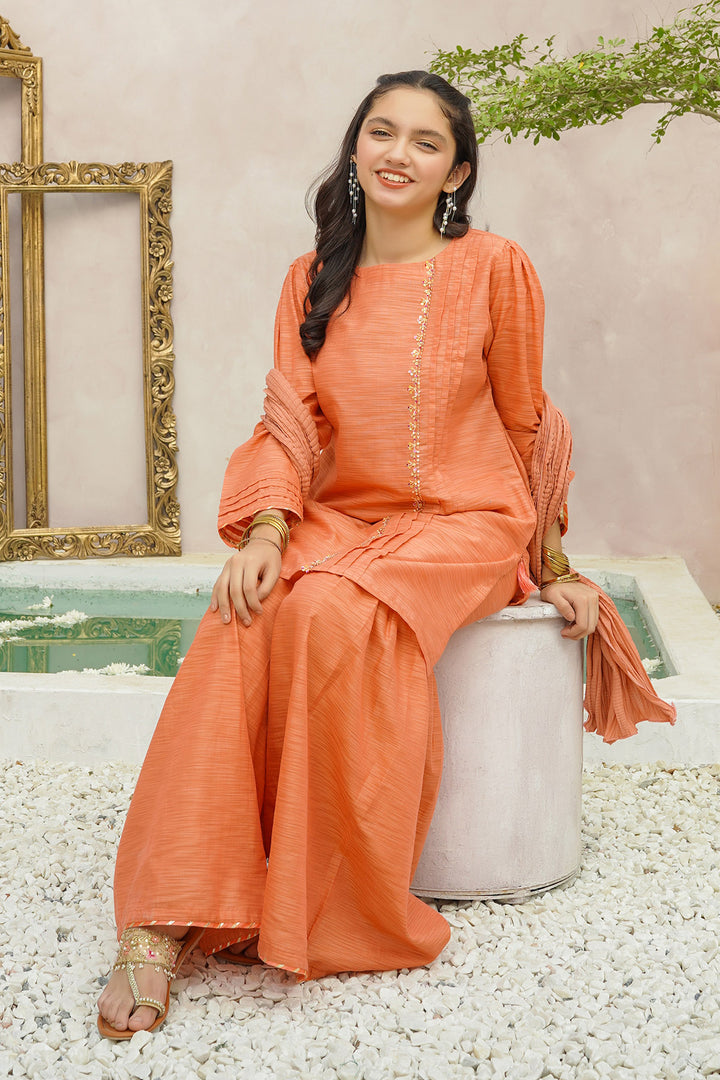 Multi Yarn Cotton Hand Adda Work 3 Pc Suit - Wear Ochre