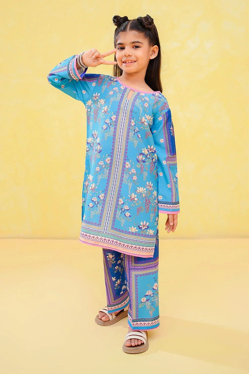 Girl in blue floral printed kurta and matching pants, trendy kids fashion outfit