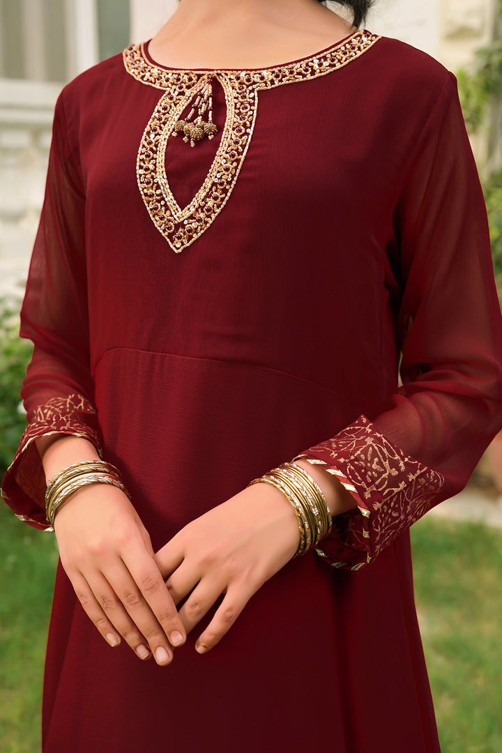 Chiffon Hand Adda Work 3 Pc Suit - Wear Ochre