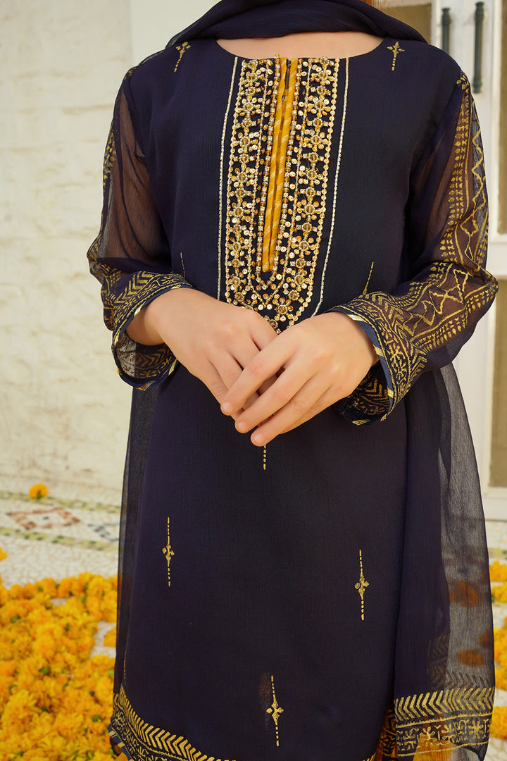 Chiffon Hand Adda Work 3 Pc Suit - Wear Ochre