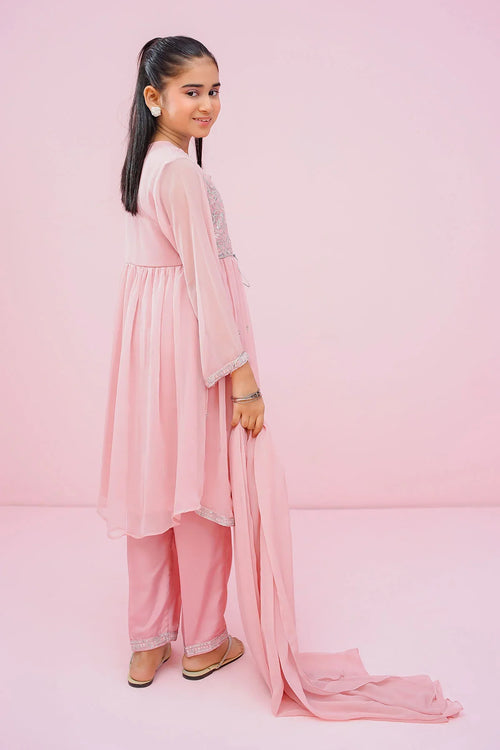 Pink kids' embroidered kurta set with matching pants and dupatta, stylish girls' fashion