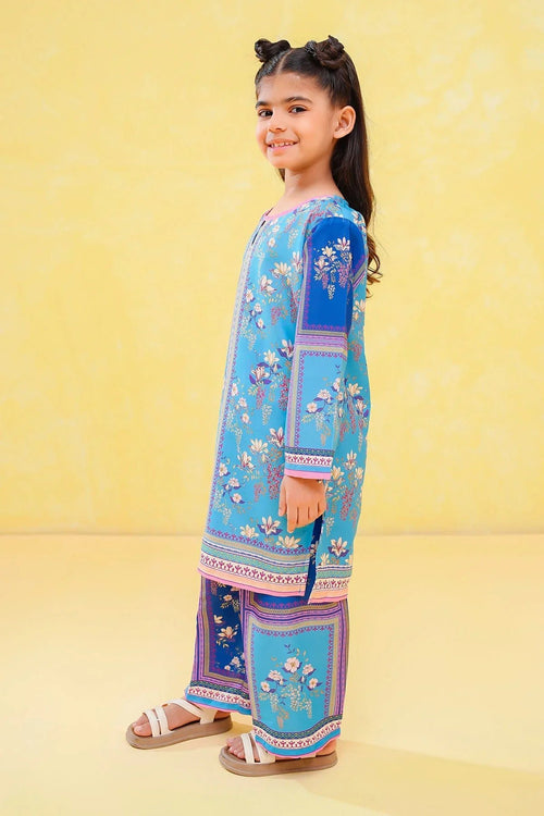 Girl in blue floral printed kurta and matching pants, trendy kids fashion outfit