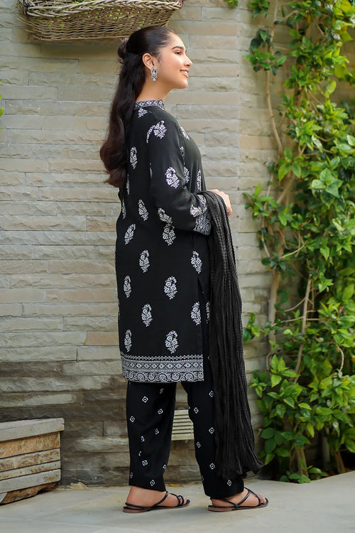 Black printed kurta set with matching pants and dupatta, stylish women's ethnic wear