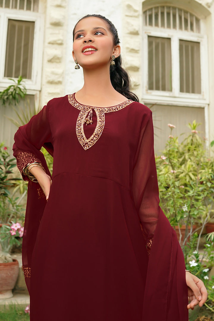 Chiffon Hand Adda Work 3 Pc Suit - Wear Ochre