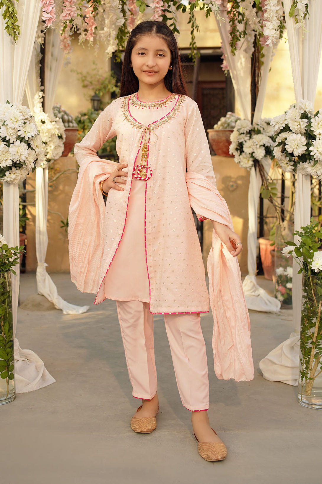 Zari Jacquard Hand Adda Work 3 Pc Suit - Wear Ochre