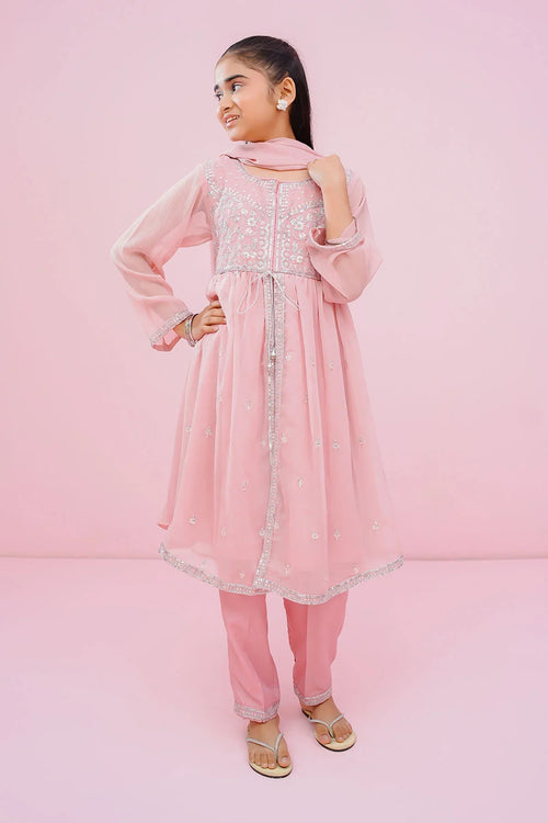 Pink embroidered kids kurta set with matching pants and dupatta, stylish girls fashion