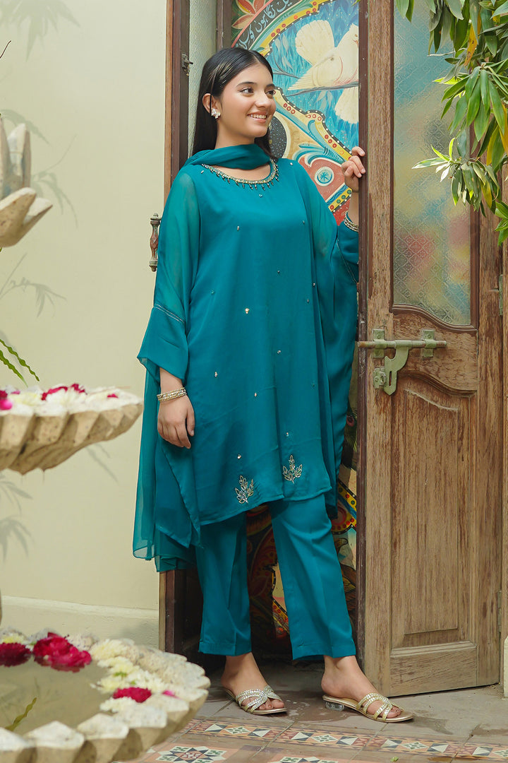 Chiffon Hand Adda Work 3 Pc Suit - Wear Ochre