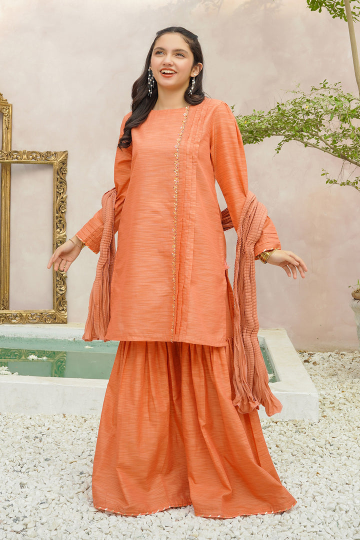 Multi Yarn Cotton Hand Adda Work 3 Pc Suit - Wear Ochre