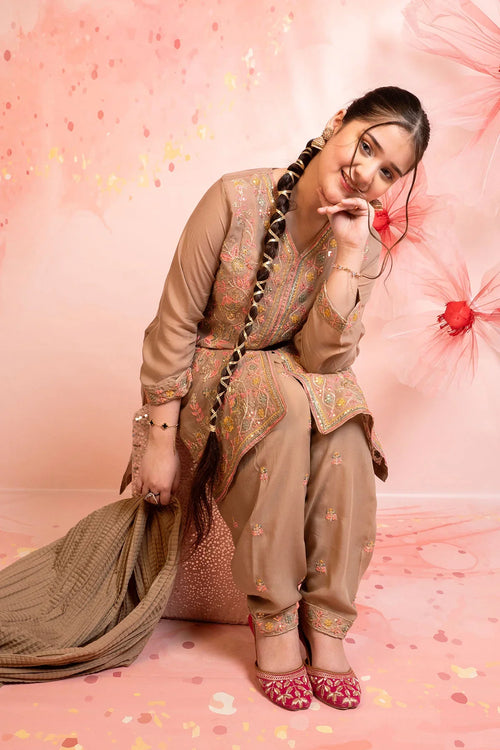 Best Boski Linen Embroidered 3 Pc Suit - Wear Ochre -
