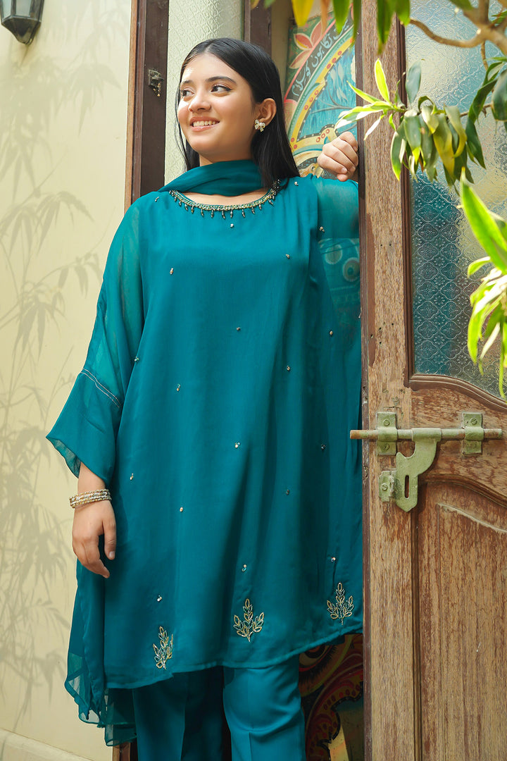 Chiffon Hand Adda Work 3 Pc Suit - Wear Ochre