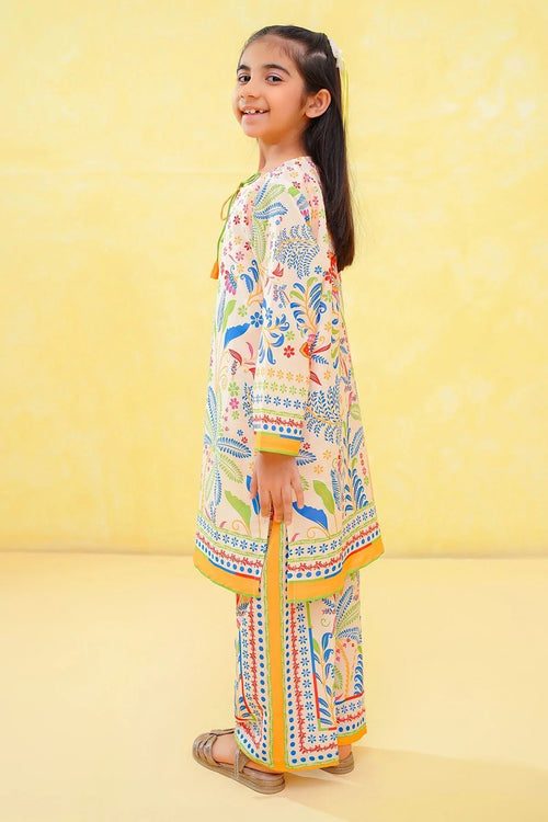 Girl in colorful floral printed kids kurta set with matching pants, perfect for casual wear