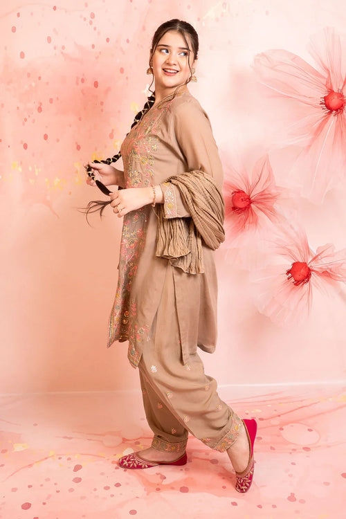 Best Boski Linen Embroidered 3 Pc Suit - Wear Ochre -
