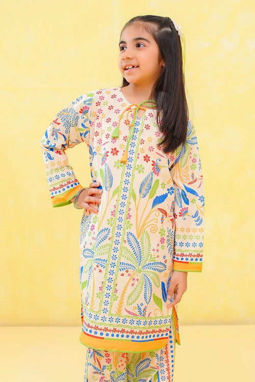 Girl wearing colorful floral print kurta with matching pants, trendy kids fashion