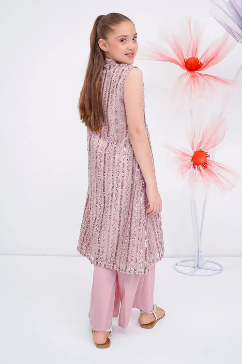 Girl in pink sequin sleeveless kurta with matching pants, stylish kids fashion outfit