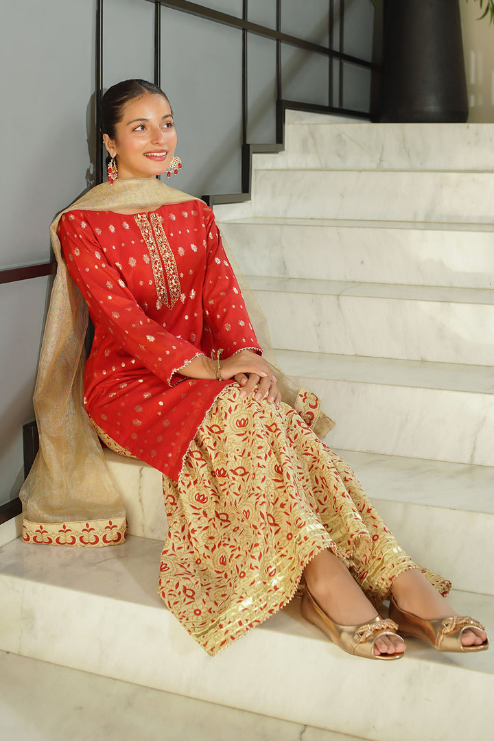 Zari Jacquard Hand Adda Work 3 Pc Suit - Wear Ochre