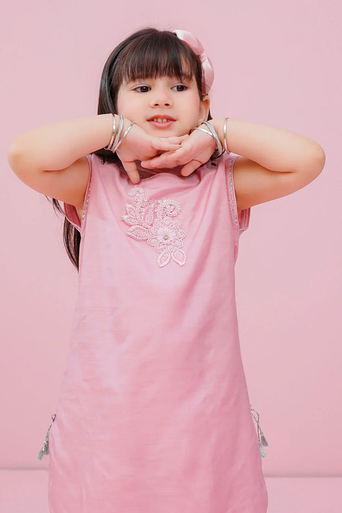 Pink sleeveless kids dress with floral embroidery, perfect for trendy girls' fashion