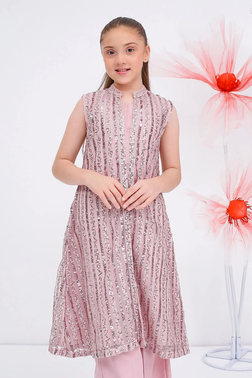 Pink sequin sleeveless kids dress with matching pants, perfect for parties and special occasions.