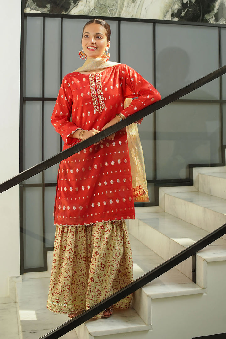 Zari Jacquard Hand Adda Work 3 Pc Suit - Wear Ochre