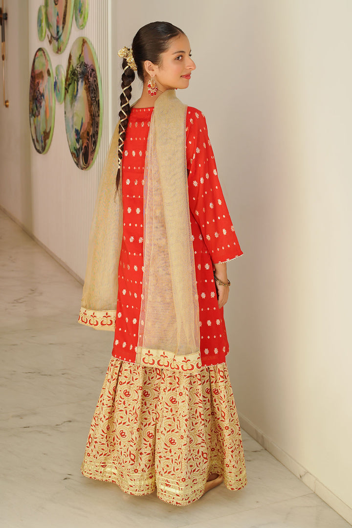 Zari Jacquard Hand Adda Work 3 Pc Suit - Wear Ochre