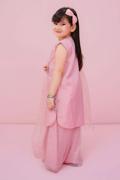 Pink kids party dress with sheer overlay and bow headband, trendy girls fashion