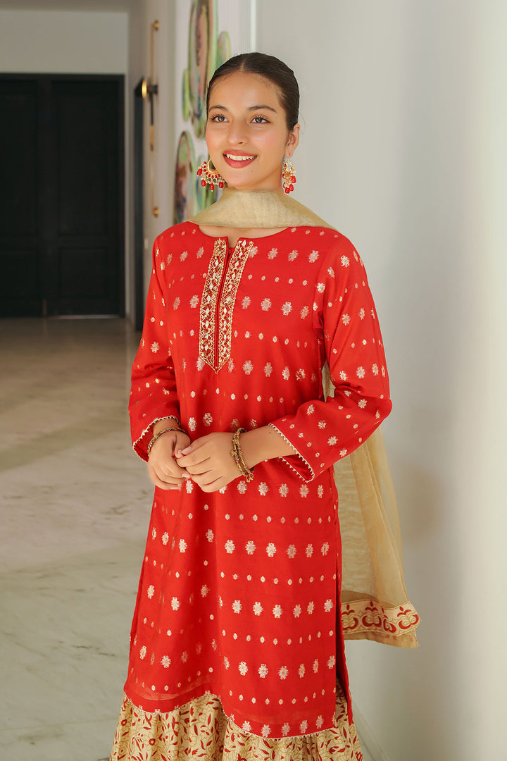 Zari Jacquard Hand Adda Work 3 Pc Suit - Wear Ochre