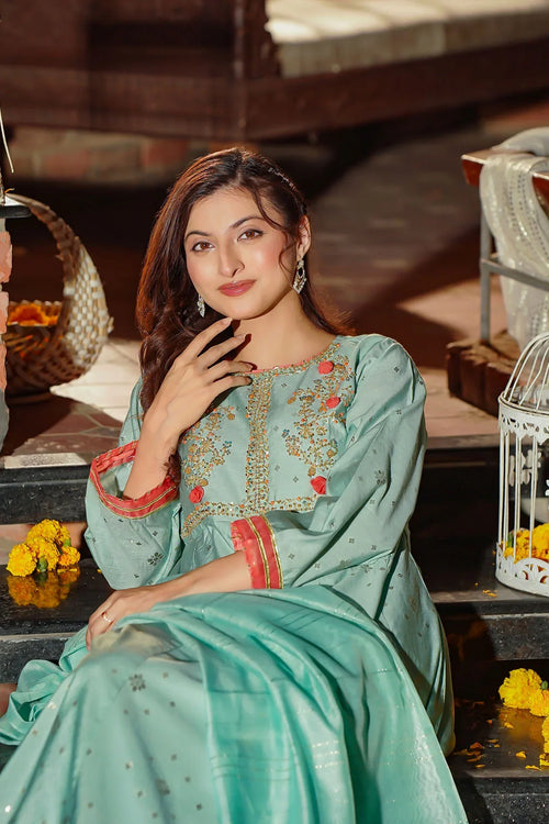 Best Women's Viscose Jacquard Hand Adda Work 3 Pc Suit - Wear Ochre -