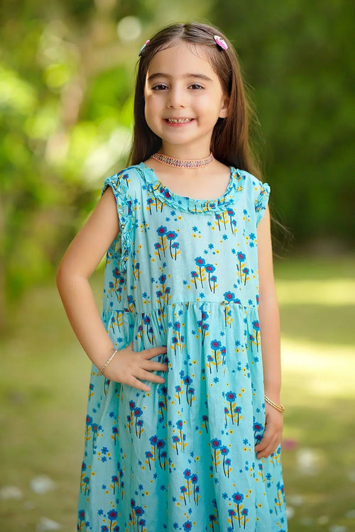Little girl in blue floral dress, perfect for kids' summer fashion and casual outings