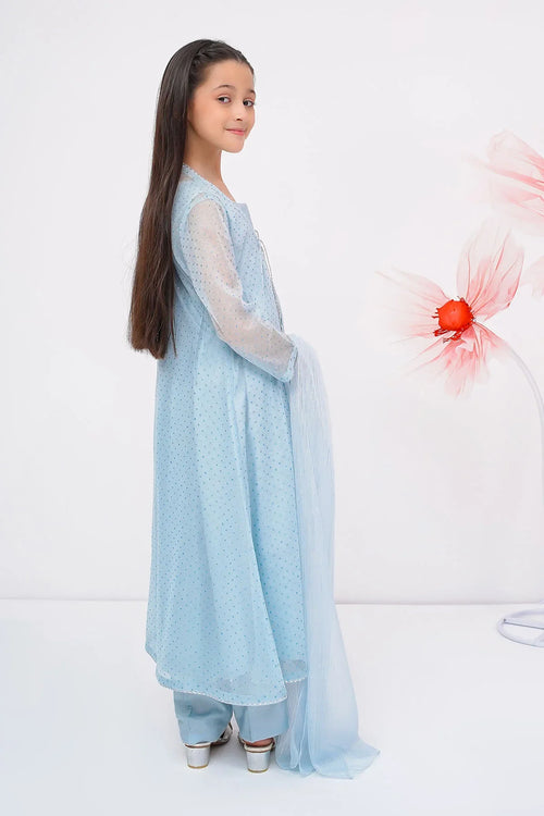 Light blue kids' embroidered kurta set with sheer sleeves and matching dupatta, perfect for festive occasions.